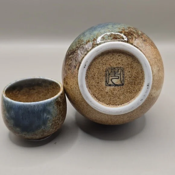 Japanese Mino Ware Sake Bottle & Cup Set Sunaji-Ainagashi Ceramic Pottery Japan - Picture 5 of 8